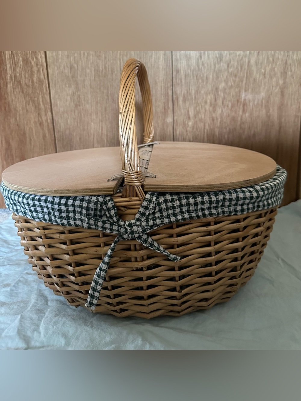 Cottagecore Picnic Basket with Green Gingham Liner